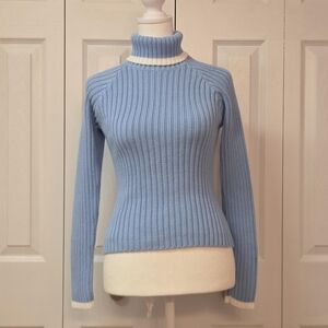 70s Mod Blue Rib Knit Turtleneck Contrast Trim Sweater; Old Navy, Kids' 14/ XS-S